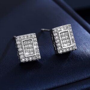 Solid 925 Sterling Silver Womens 2ct Square Diamond Stud Earrings Ladies Jewelry